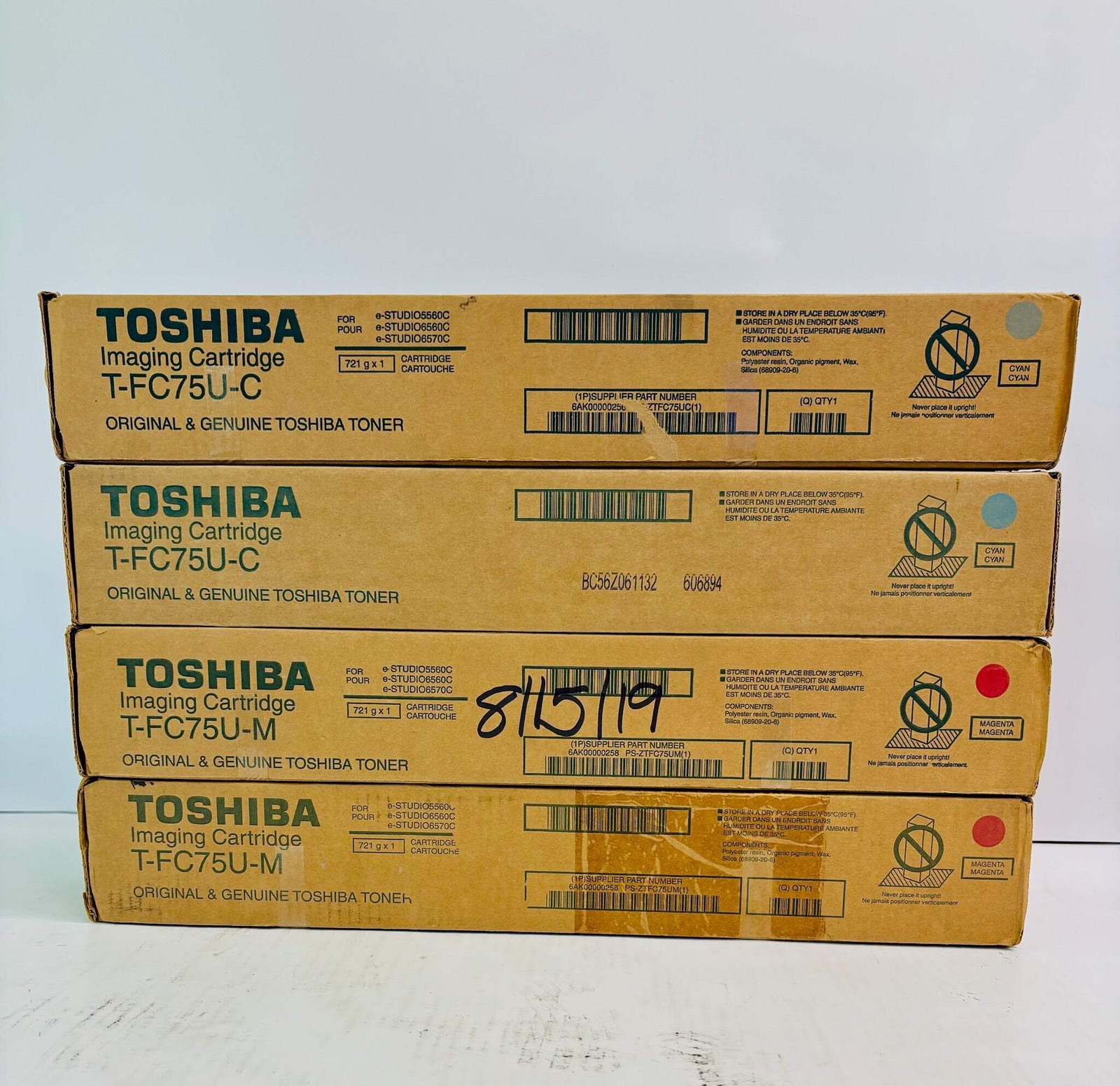 4 Genuine Toshiba e-STUDIO 5560C,6560C,6570C Cyan & Magenta Toner T-FC75U CCMM
