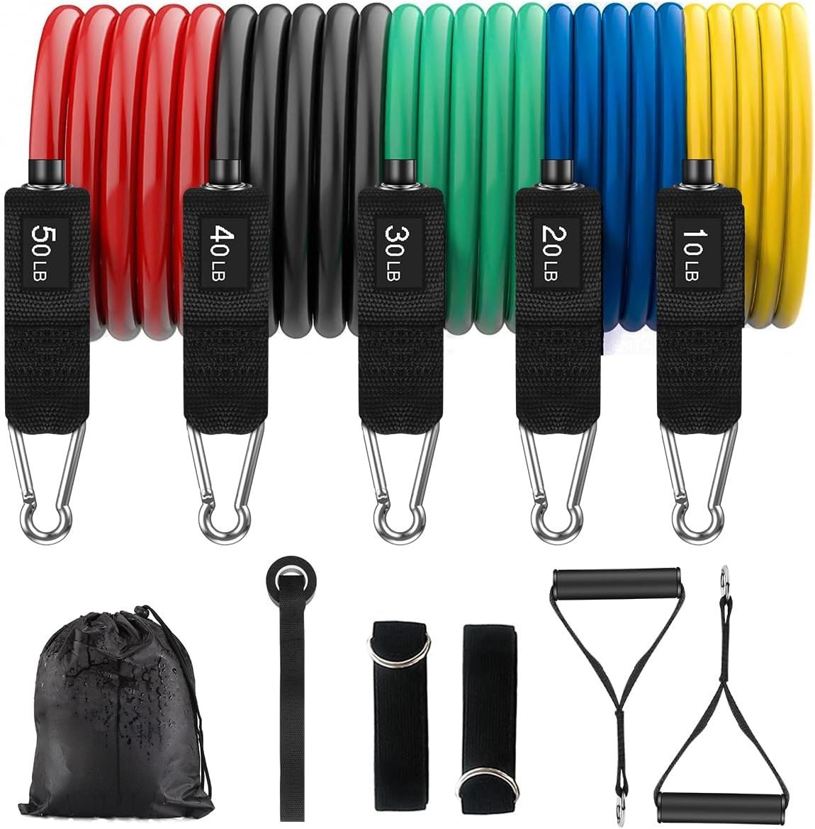 Resistance Bands Set 10–50 LB, Exercise Bands Kit for Men & Women, 11 pc Set