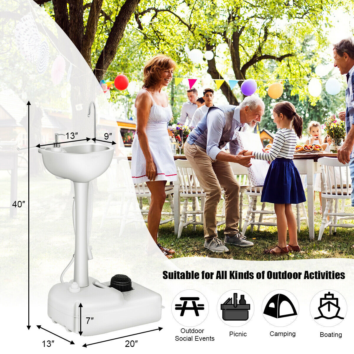 Portable Wash Sink Camping Sink Wash Basin Stand w/ Wheels & Foot Pump