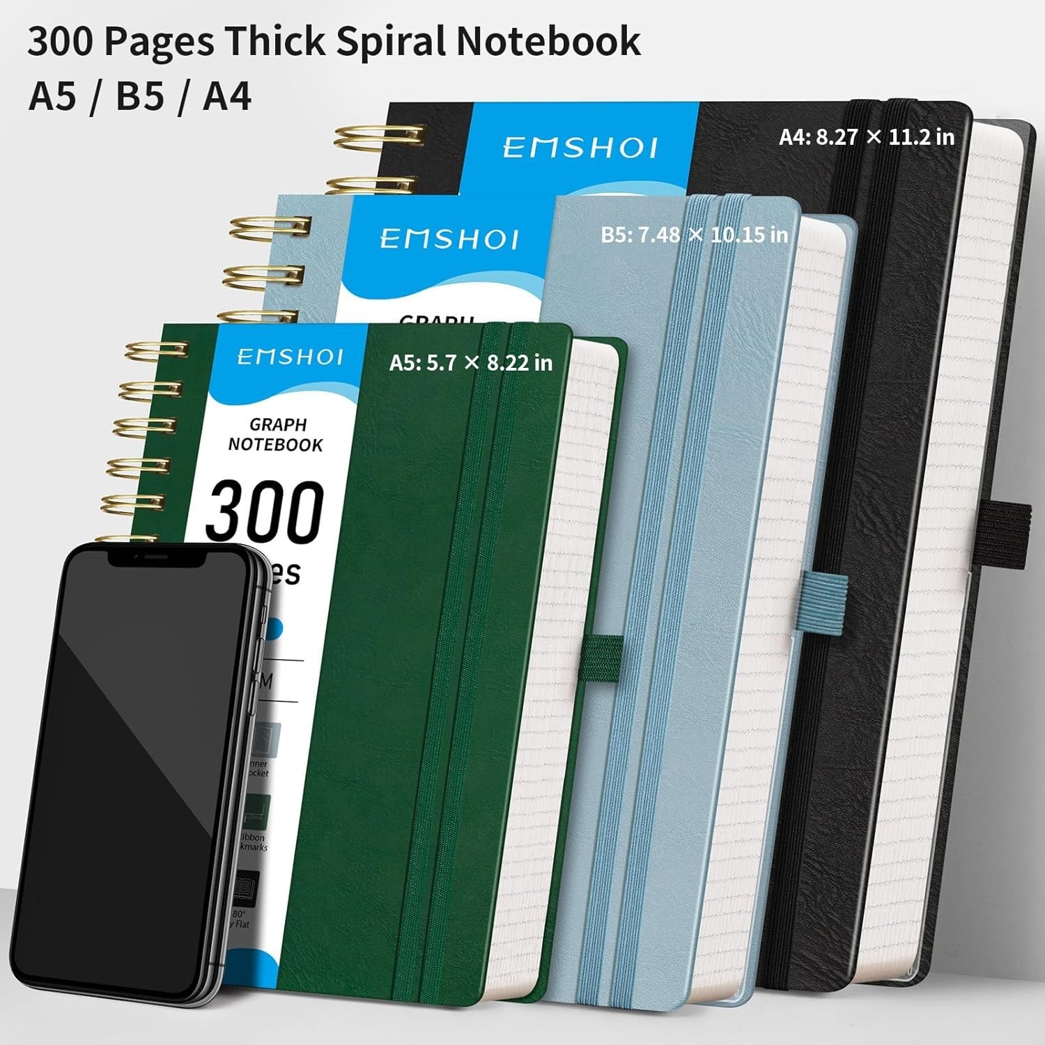 EMSHOI Spiral Graph Paper Notebook - 300 Pages, 100 GSM Thick Grid Notebook,