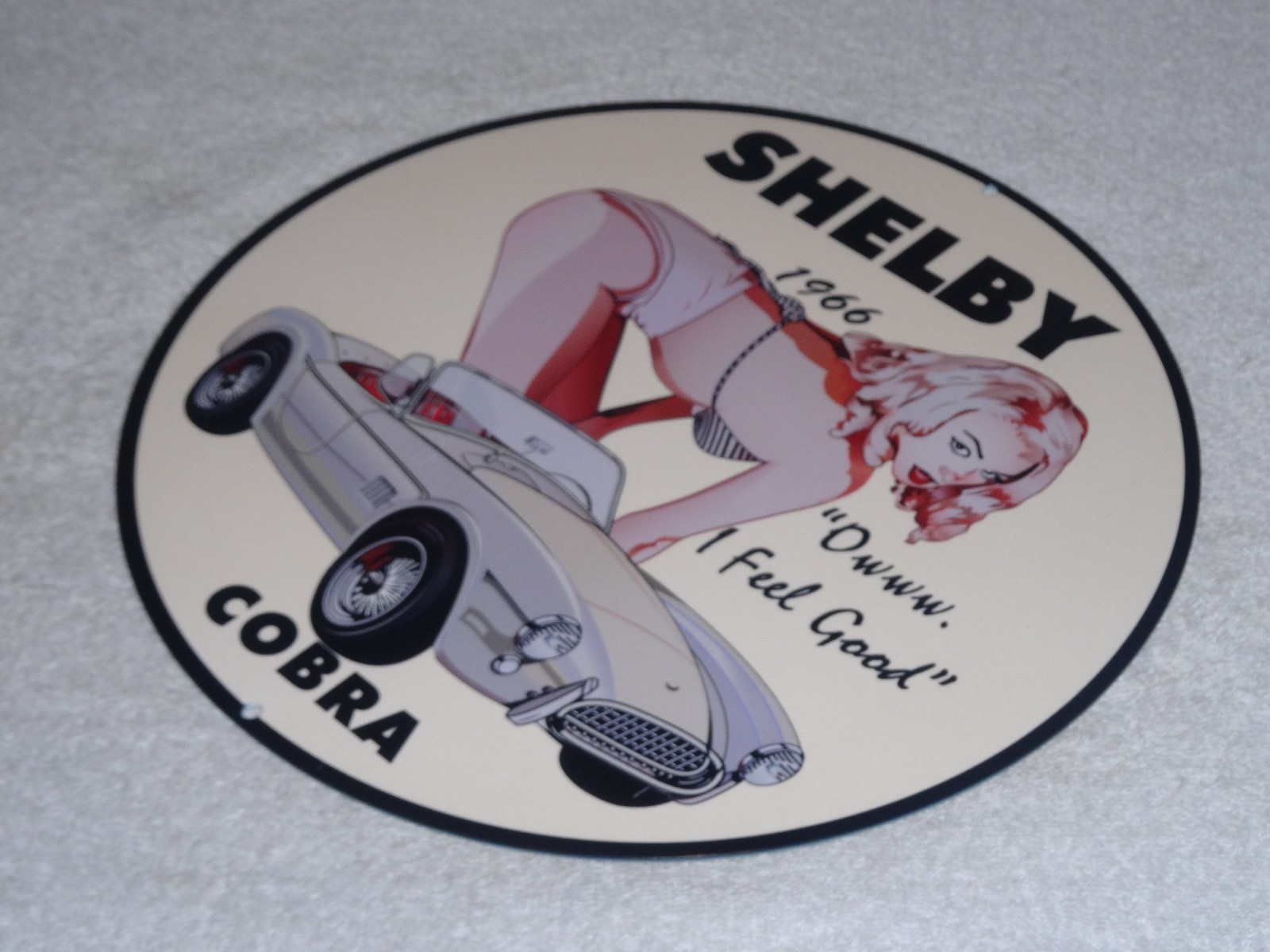 VINTAGE 1966 FORD SHELBY COBRA SPORTS CAR & WOMAN 12" METAL GASOLINE & OIL SIGN!