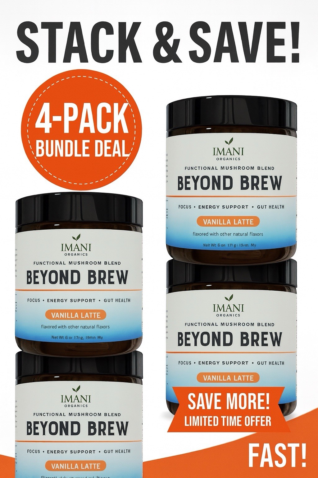 4-PACK VANILLA Beyond Brew Mushroom Coffee 7-in-1 Cacao Energy/focus/Gut/Mental!