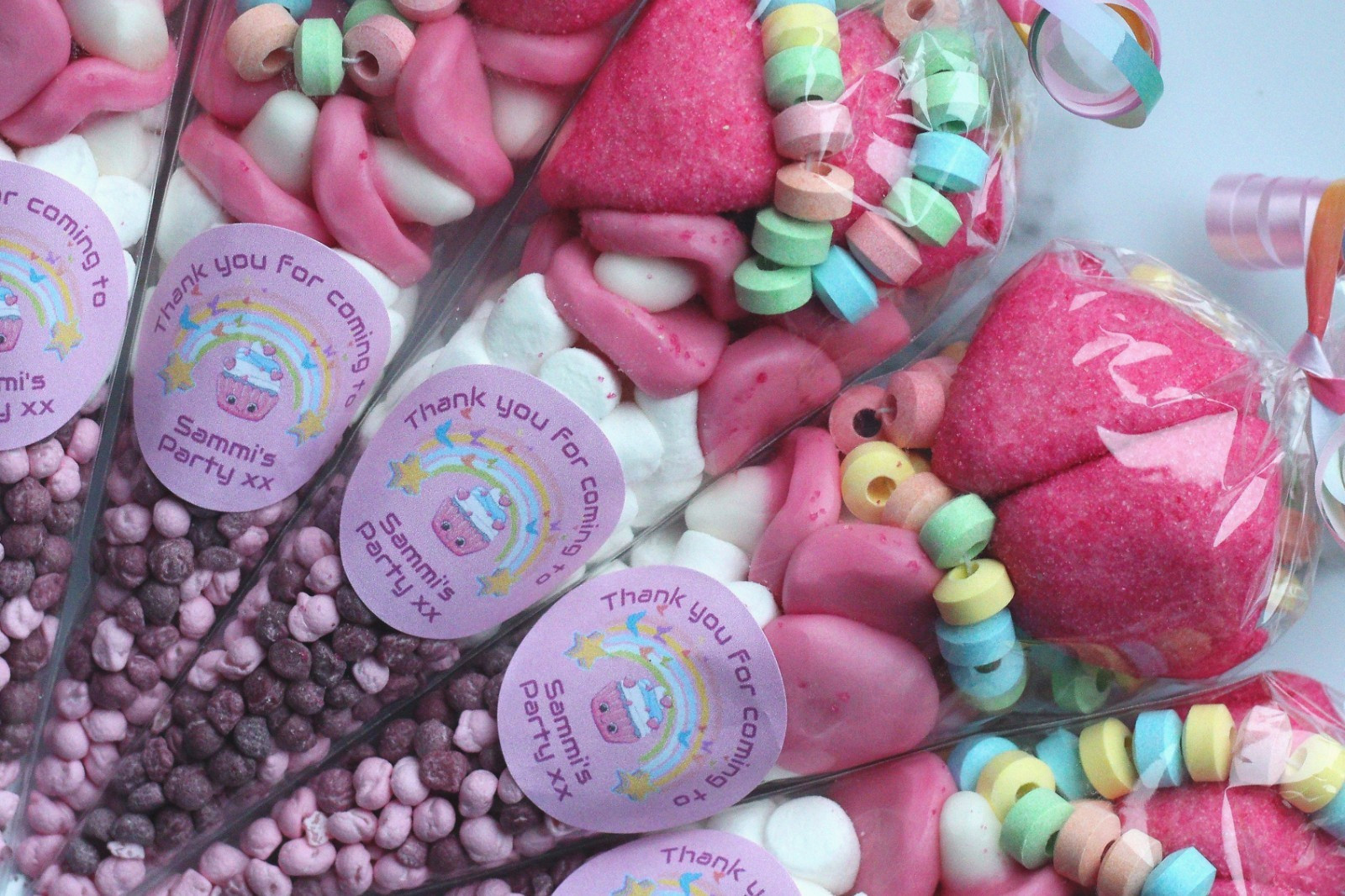 Personalised Rainbow cupcake pink Pre Filled Sweet Cone Kids Party Bags Favours
