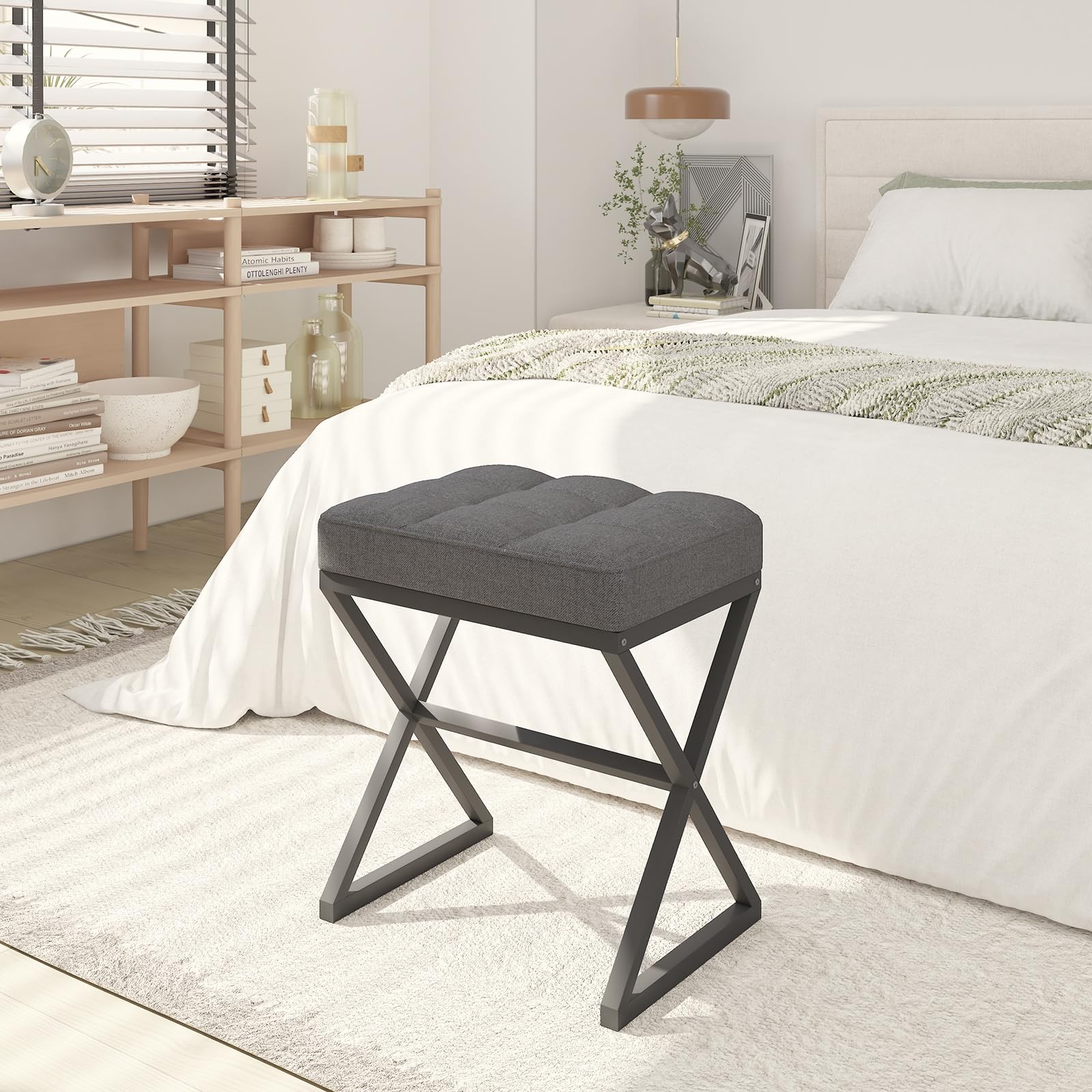 Vanity Stool, Linen Footrest, Ottoman Bench with X-Shaped Metal Legs, Makeup ...
