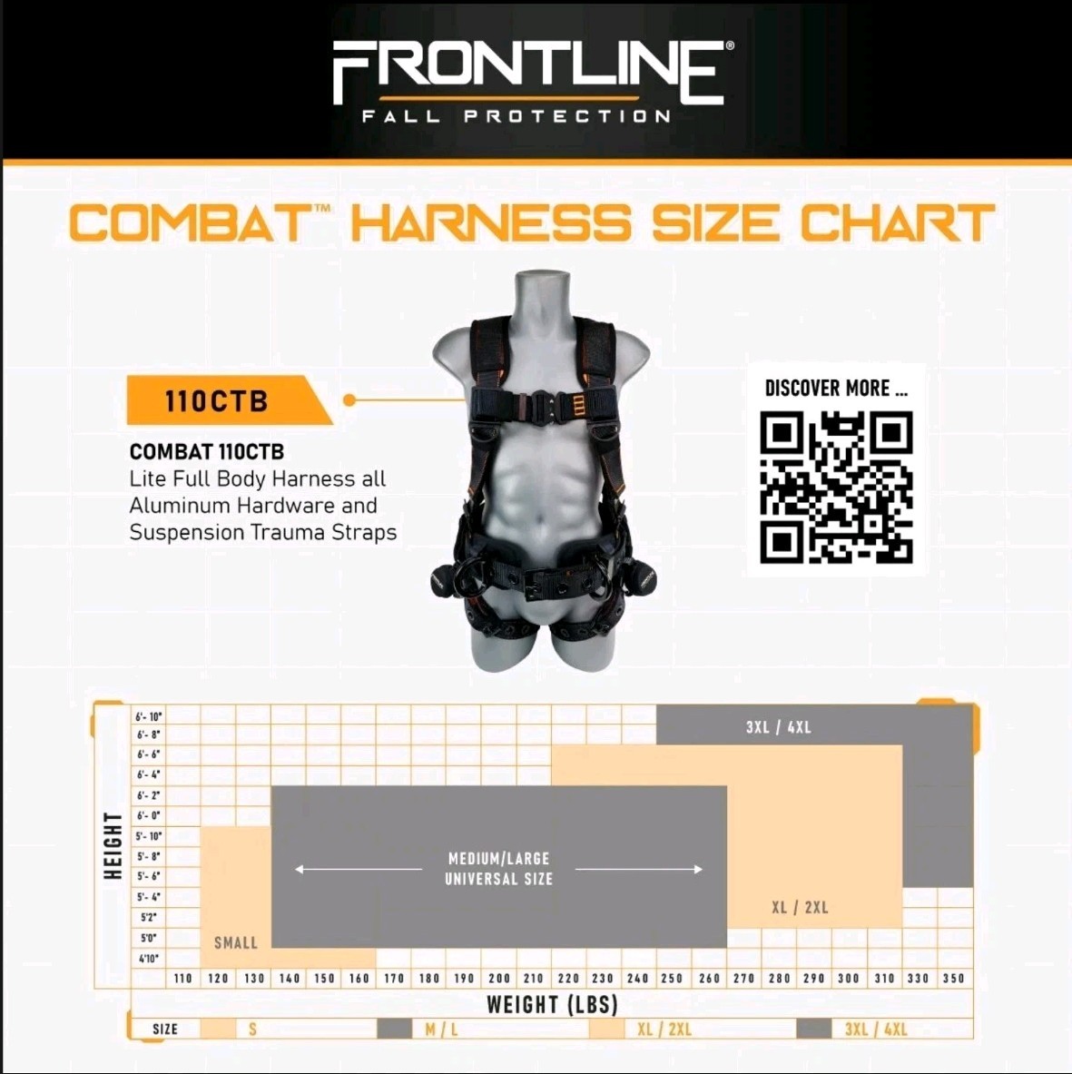 Frontline 110CTB Size M/L Combat Lite Full Body Harness all Aluminum Hardware