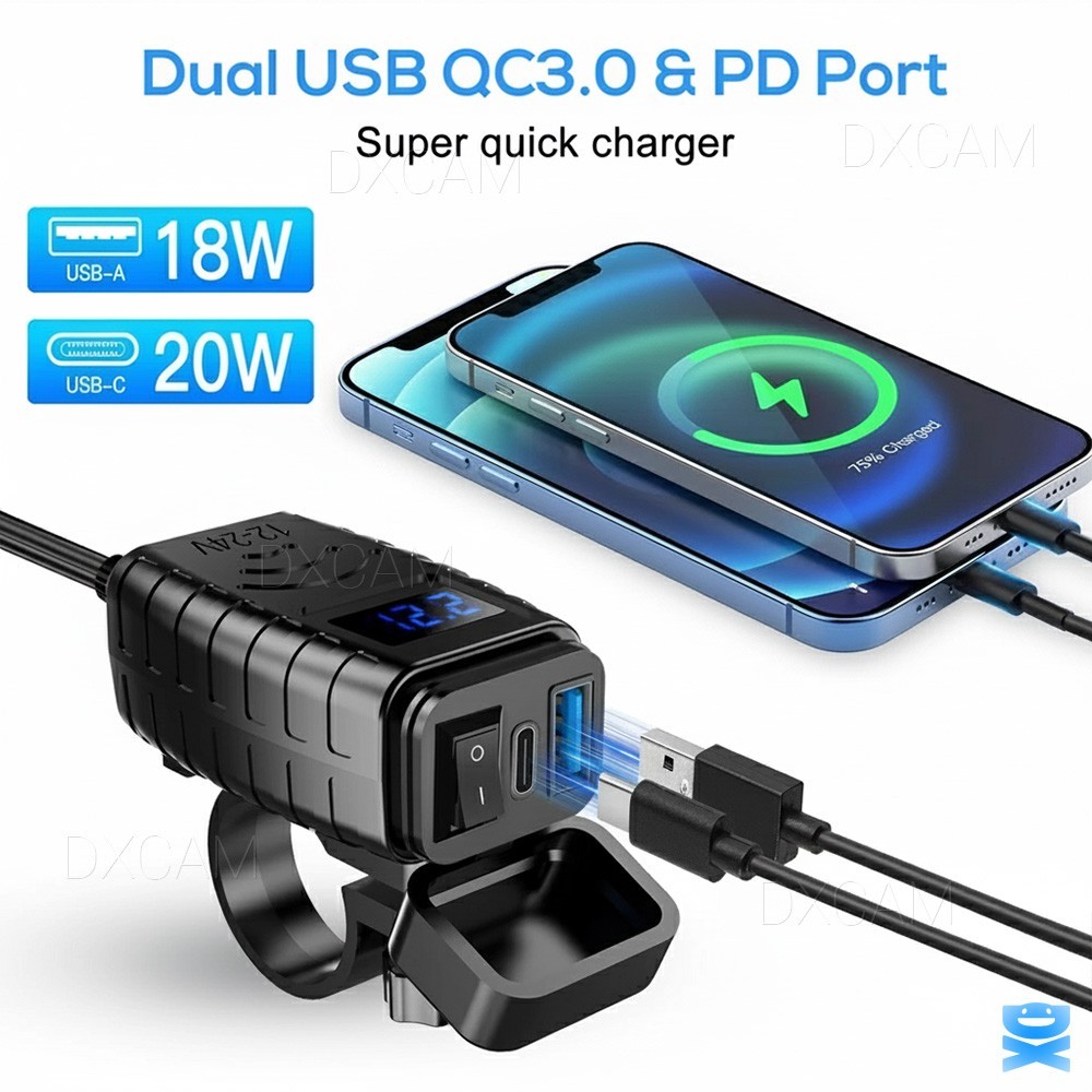 QC 3.0 Motorcycle Dual USB Phone GPS Super Fast Charger Adapter LED Waterproof
