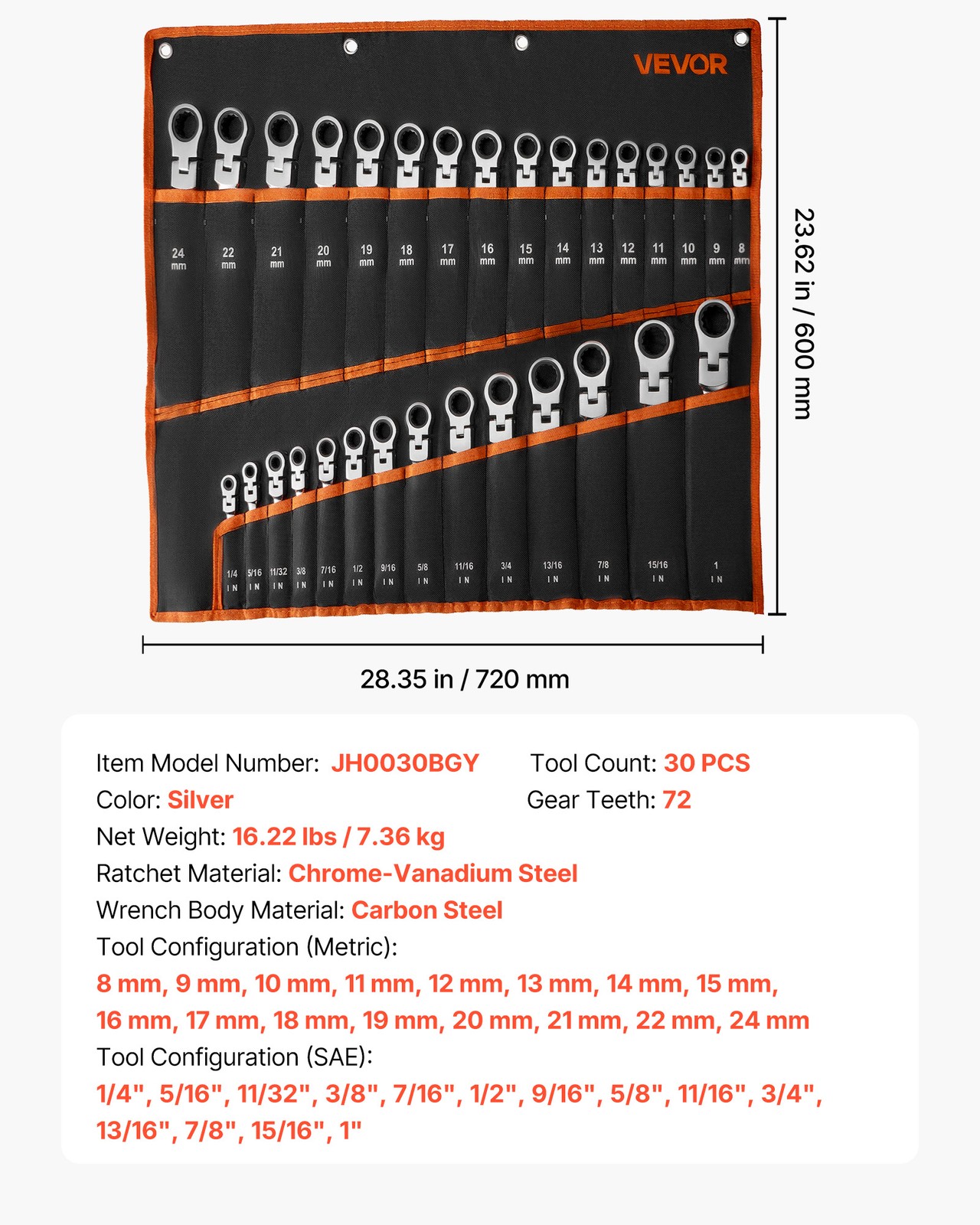 VEVOR Flex-Head Ratcheting Wrench Set Combination Wrench Set 30-Piece SAE Metric