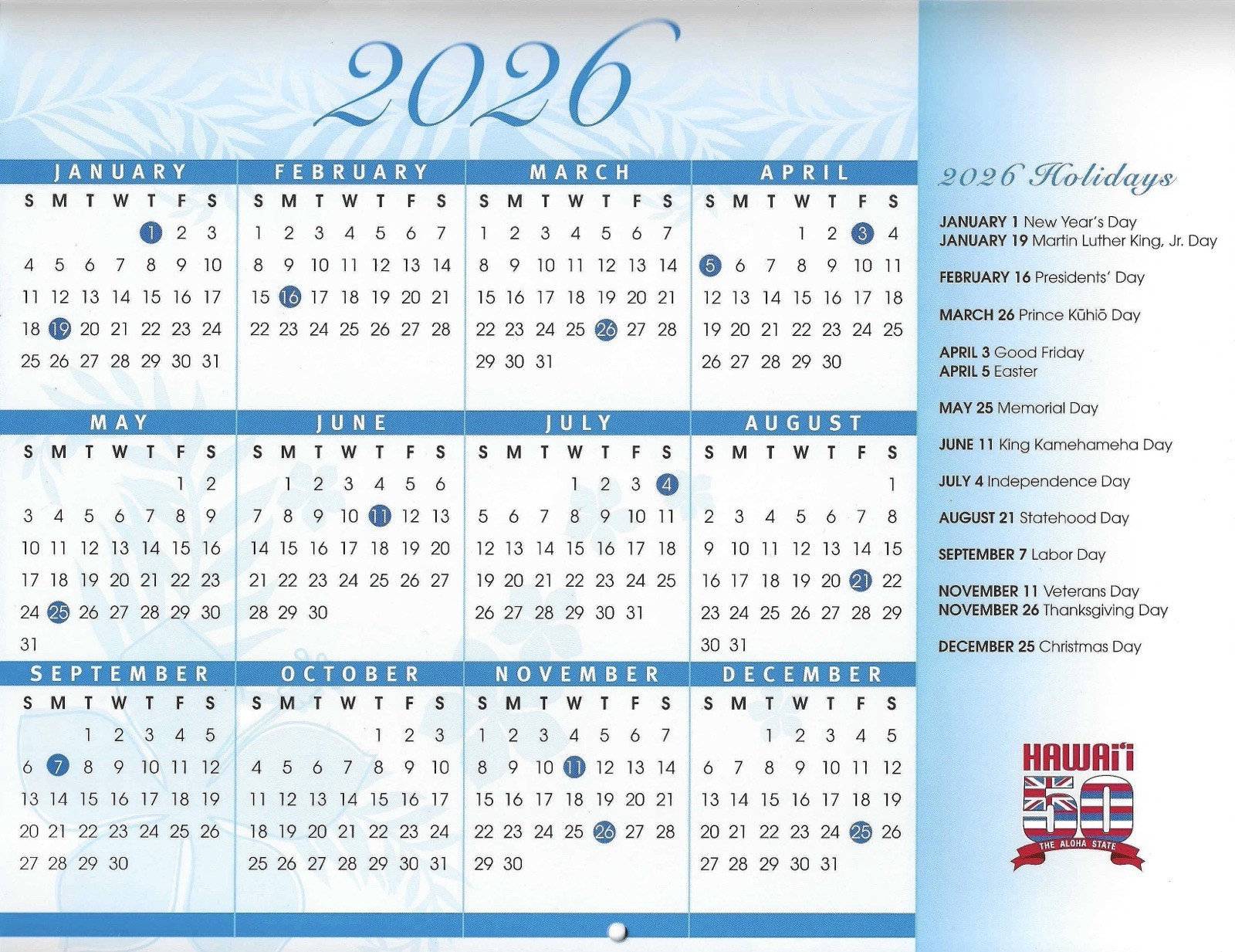 2026 Big Island Hawaii Calendar – Scenic Photos & Hawaiian Holidays All Year