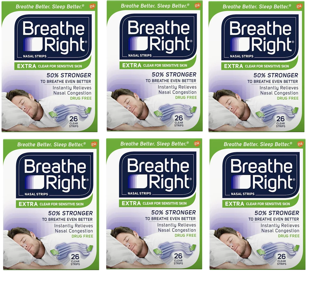 156 BREATHE RIGHT NASAL STRIPS, EXTRA CLEAR ( 6 x 26 CT BOXES ) NIB EXP 2027