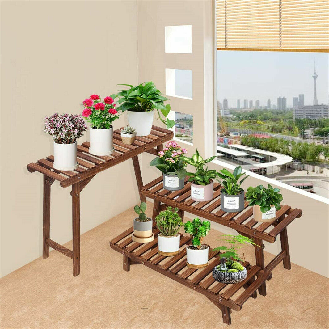 Large Wood Tier Shelf Flower Plant Display Stand Rack Freestanding Movable Bench
