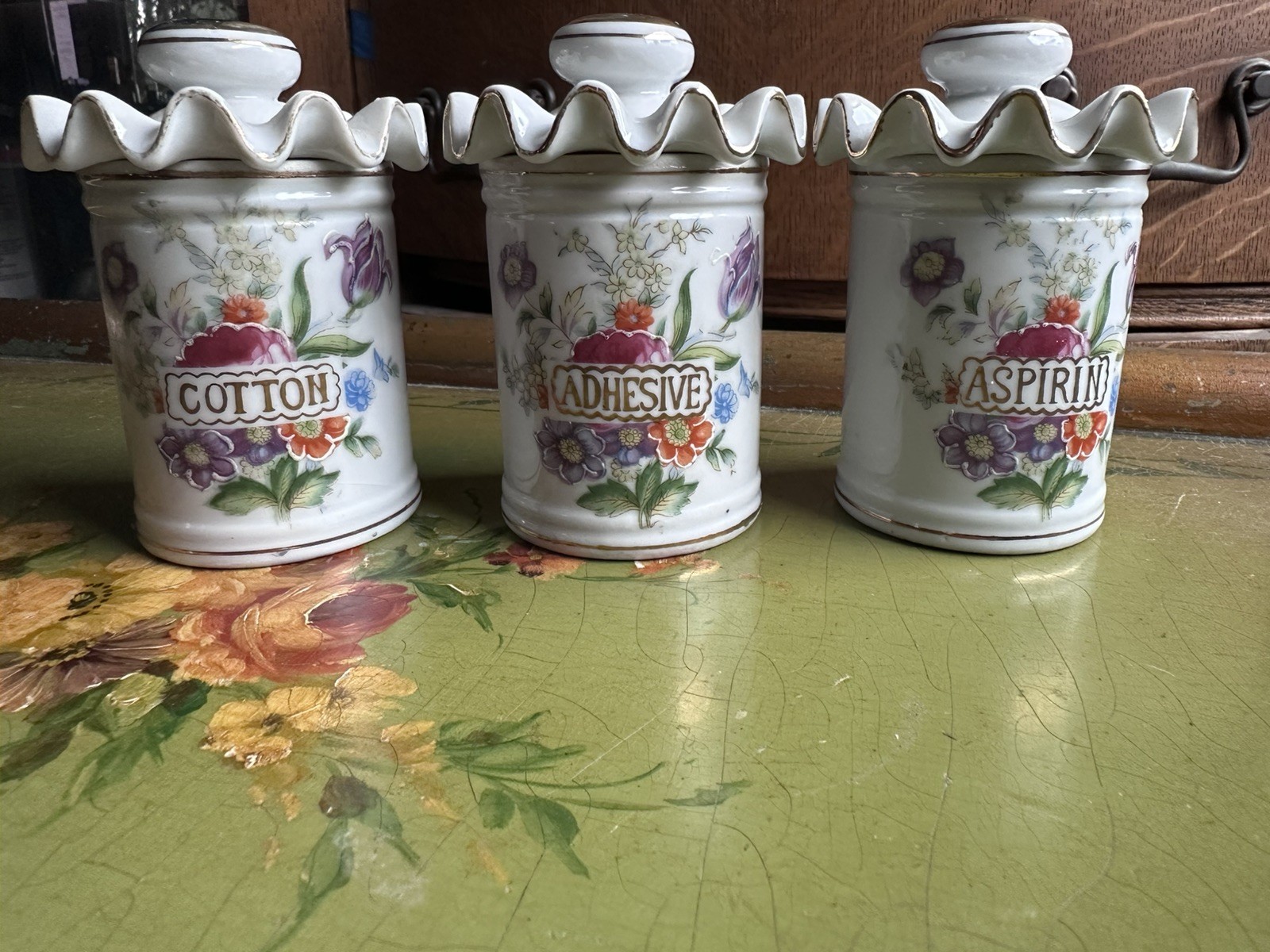 Sweet Set of 3 Vintage Apothecary Jars Cotton Aspirin adhesive Made in Japan