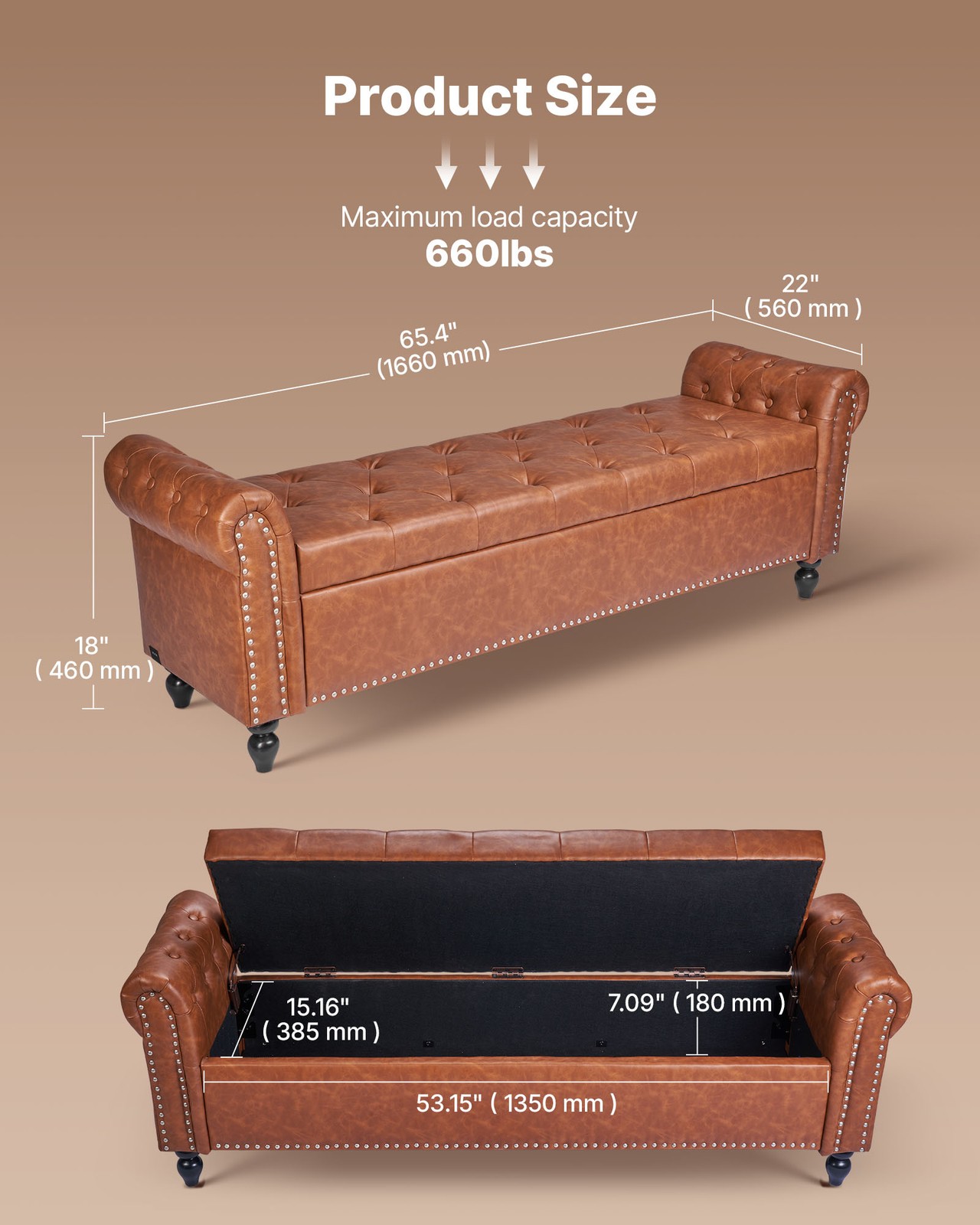 Uimoso Button-Tufted Storage Ottoman Bench Rolled Arm PU Leather Wood Legs Brown