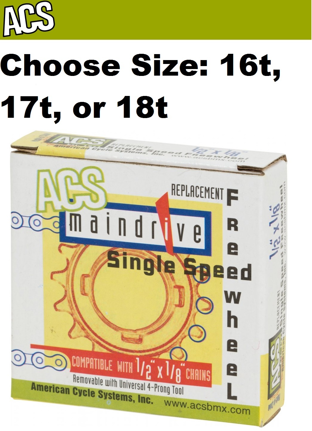 ACS Maindrive 1/8" Freewheel Chrome BMX Single Speed Bike Cromo 16, 17 or 18t