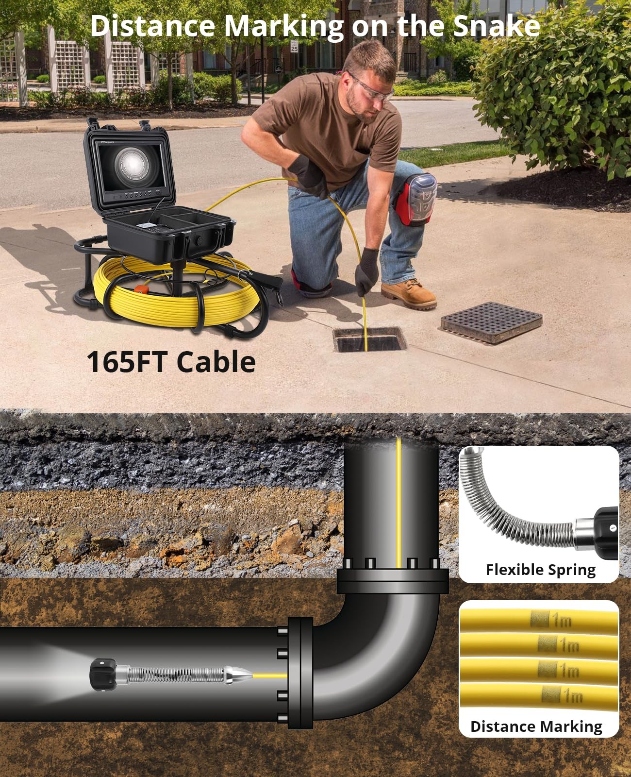 Sewer Camera with 512Hz Locator, 165FT/50M Pipe Inspection Camera with 9"
