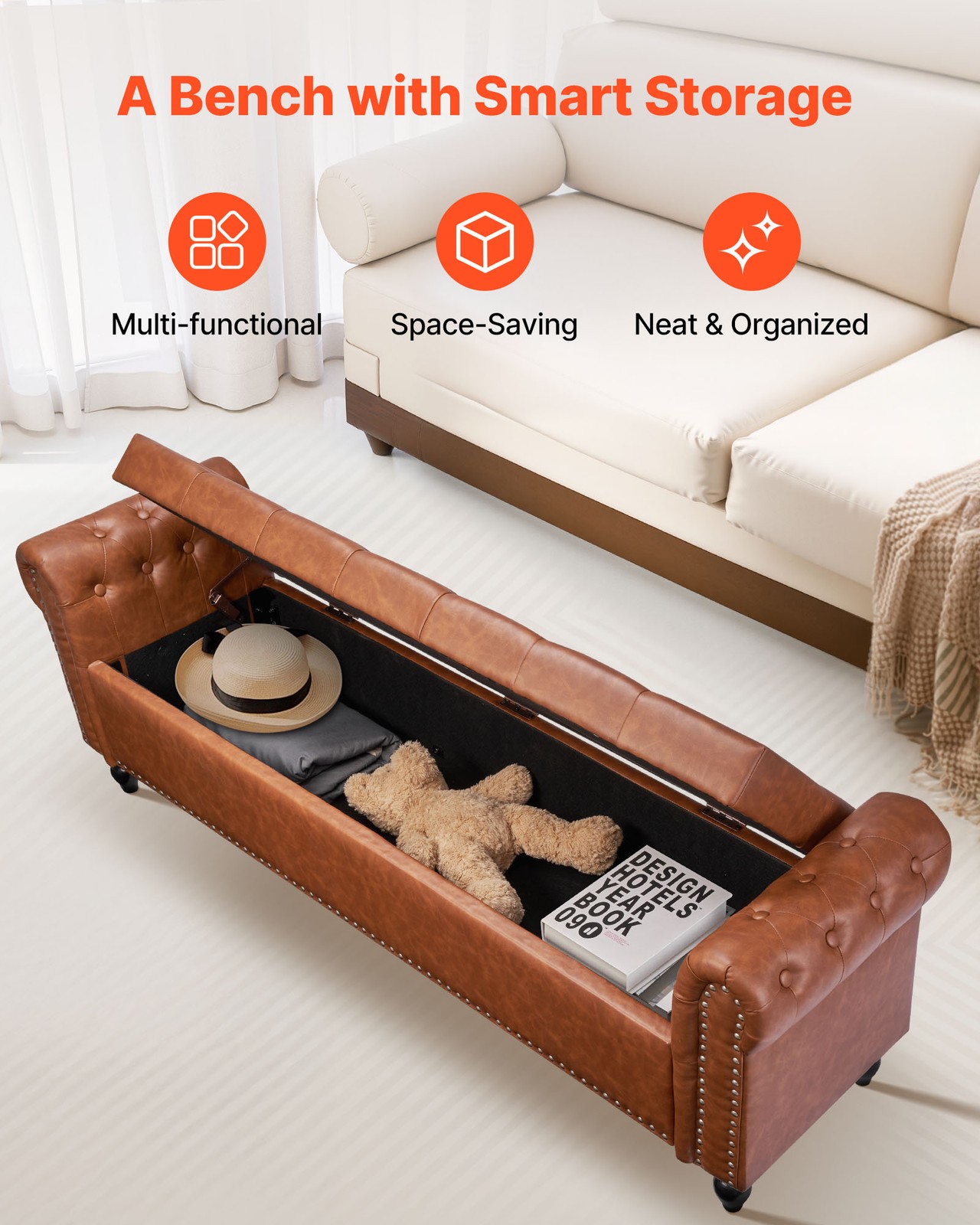 Uimoso Button-Tufted Storage Ottoman Bench Rolled Arm PU Leather Wood Legs Brown