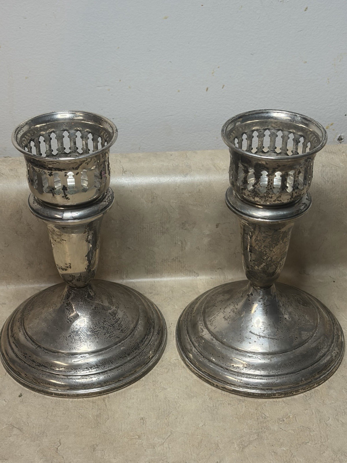 2 Towel Sterling Silver 49 Candle Holder Candlestick Filagree Inserts Weighted