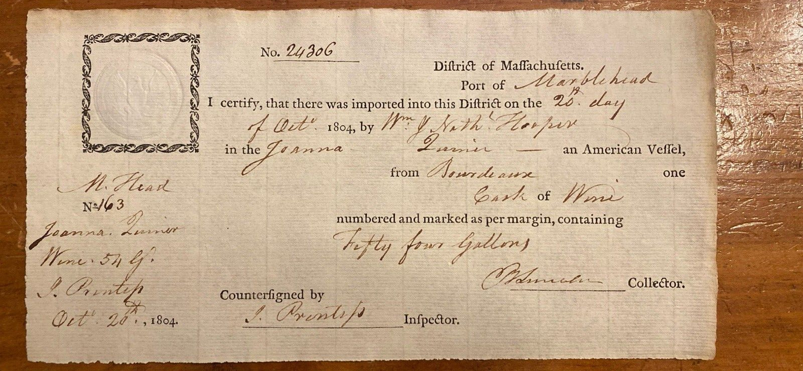 Import Certificate 1804 Marblehead Autograph Benjamin Lincoln Washington's Aide