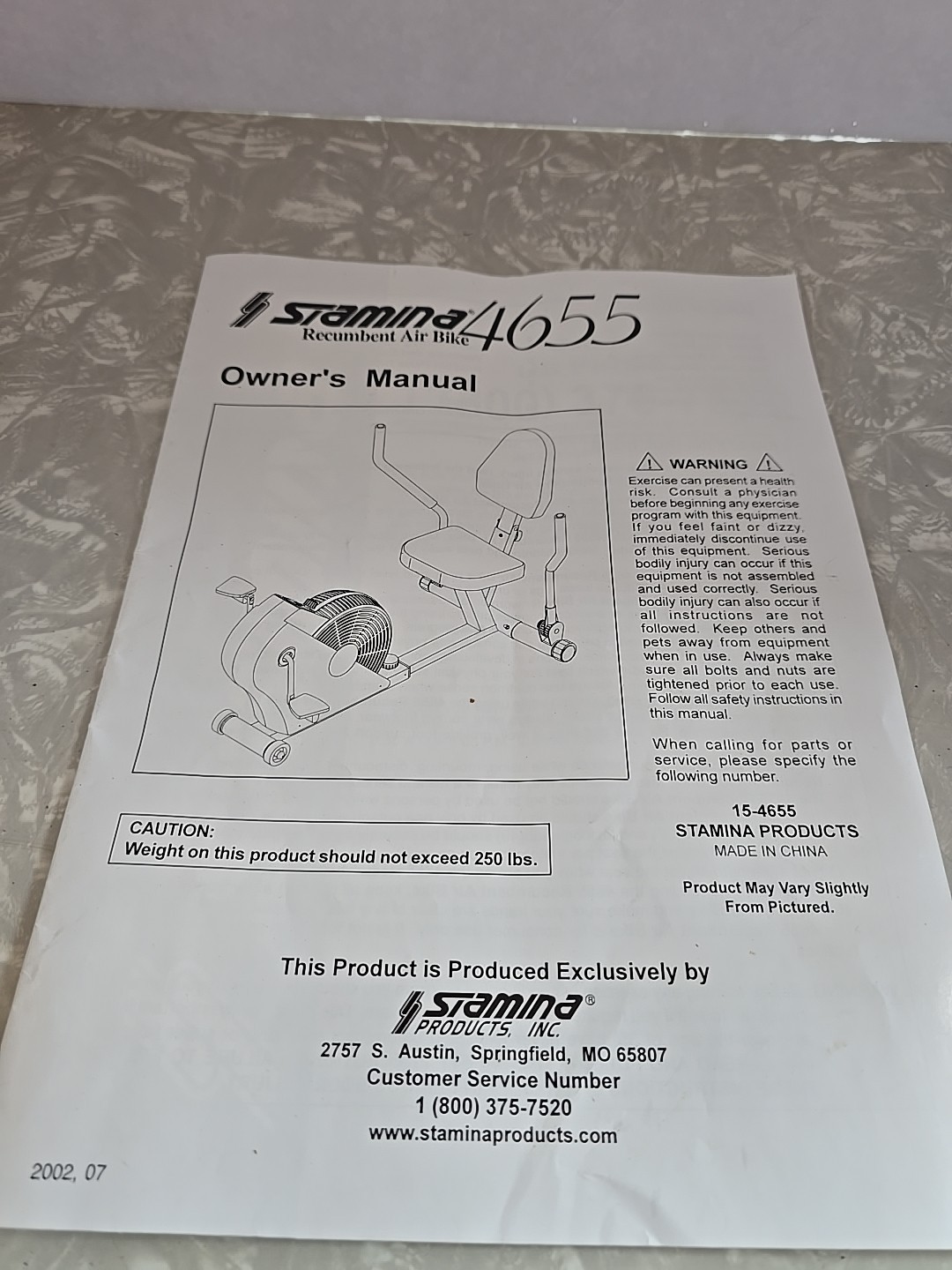 Owner's Manual for Stamina 4655 Recumbent Air Bike.