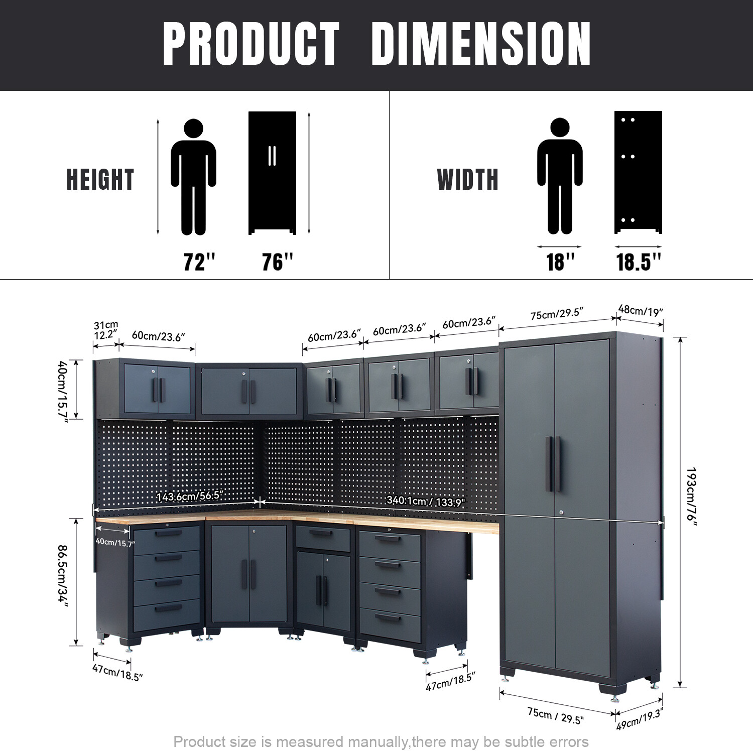 Garage Storage Cabinet 15Pcs Workshop W/Steel Cabinet Drawers Workbench Pegboard
