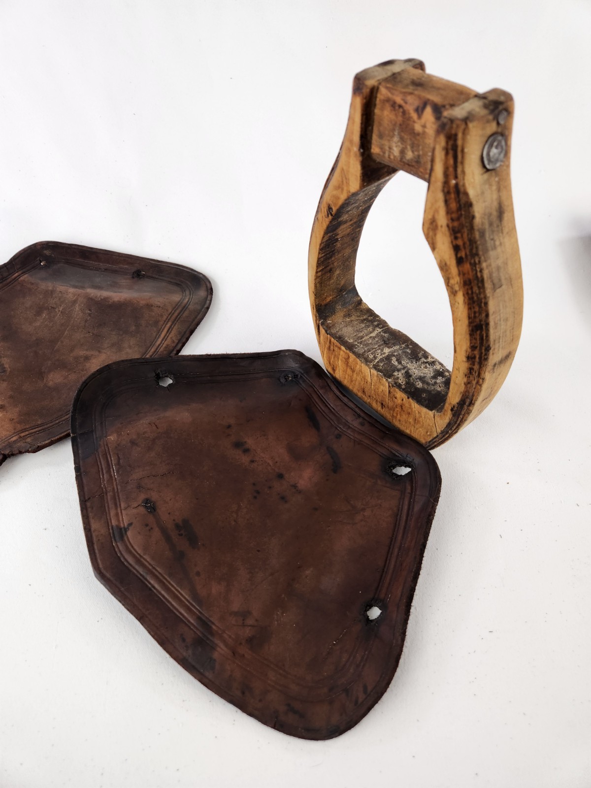 Antique Wooden Stirrups & Leather Tapaderos Boot Cover Hand Carved Horse Saddle
