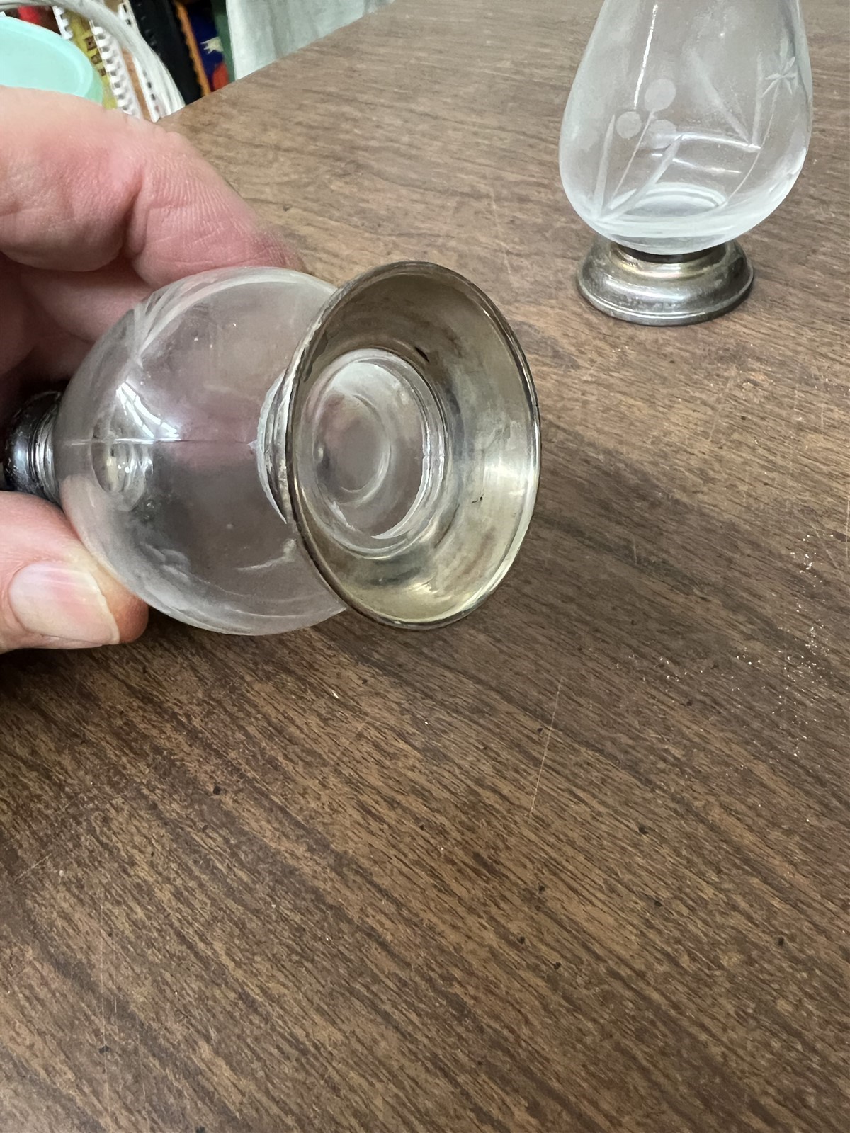 Etched Crystal and Sterling Silver Salt and Pepper Shakers