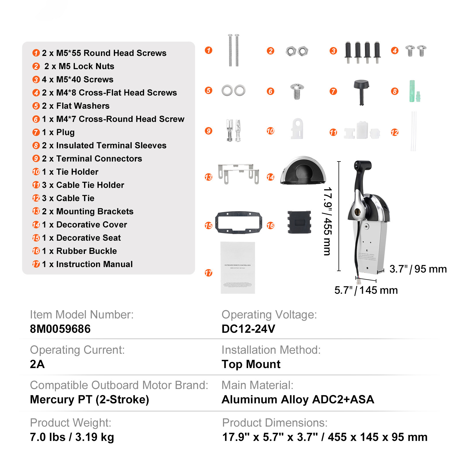 Outboard Throttle Remote Control Box 8M0059686 Top Mount for Mercury PT 2-Stroke
