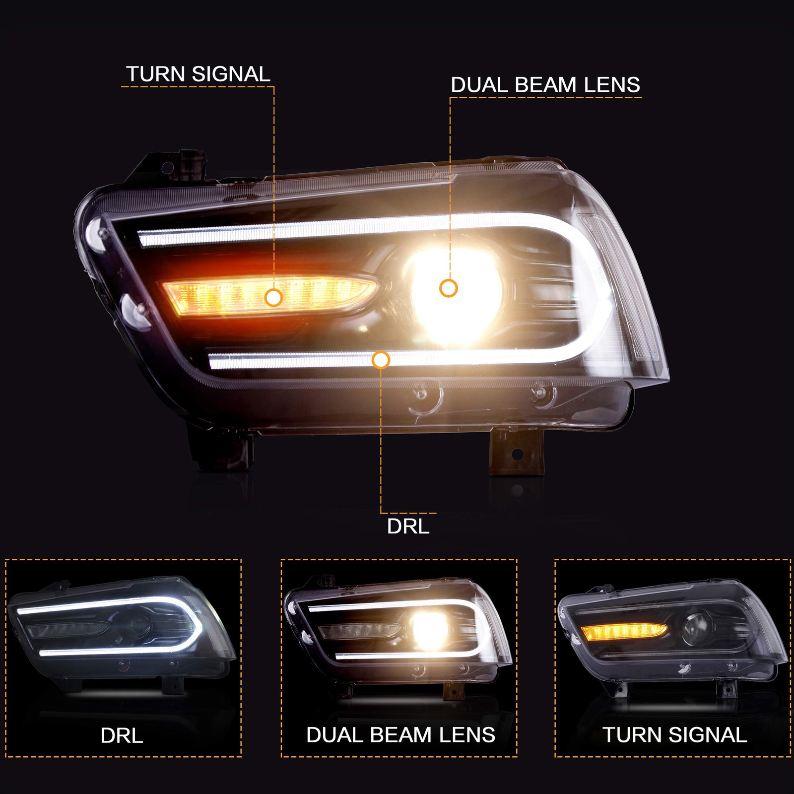Headlight Assembly Compatible with Dodge Charger 2011-2014 LED Headlamp