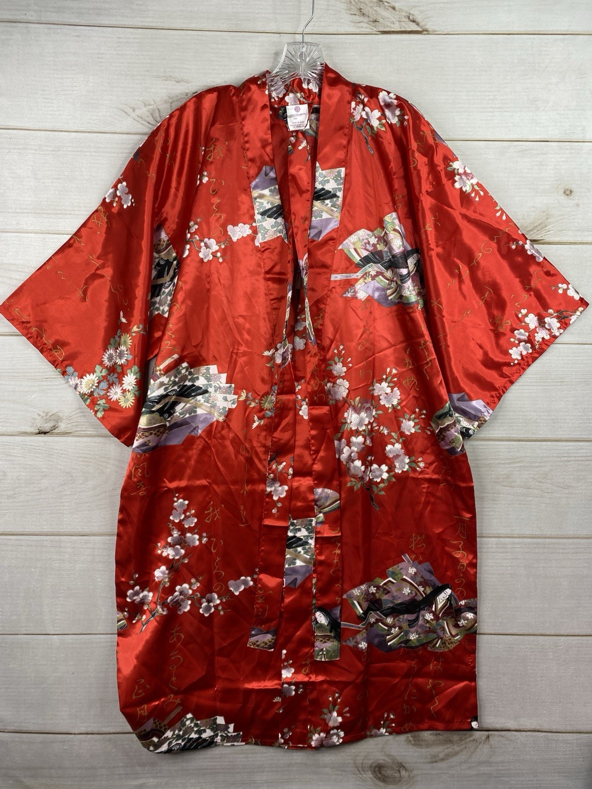 Vtg Sakurai Shoji Japan Red Floral Kimono Robe Fan Print Cherry Blossom Geisha
