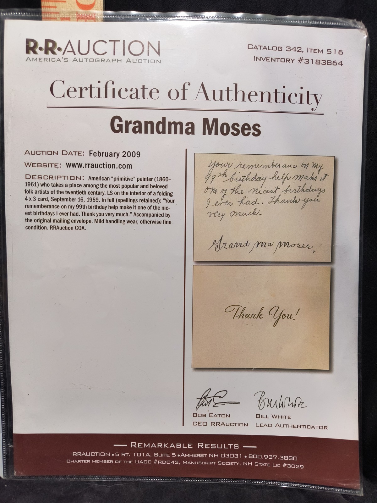Grandma Moses Hand Written Card Signed COA 99TH Birthday Folk Artist Painter