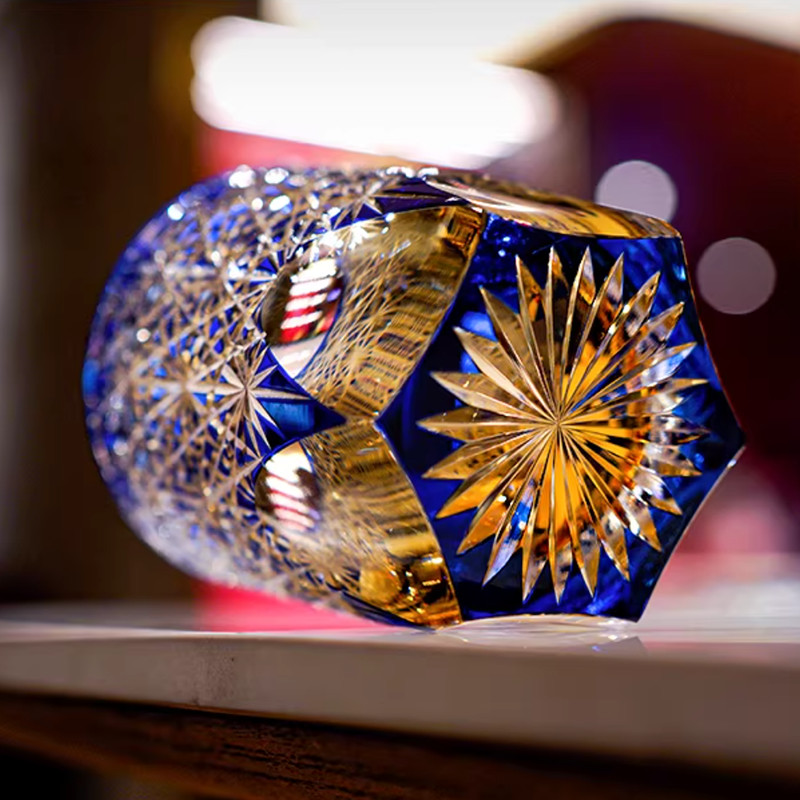 Edo Kiriko Crystal Whiskey Glasses Hand Cut To Clear Blue 9oz Gift Packing