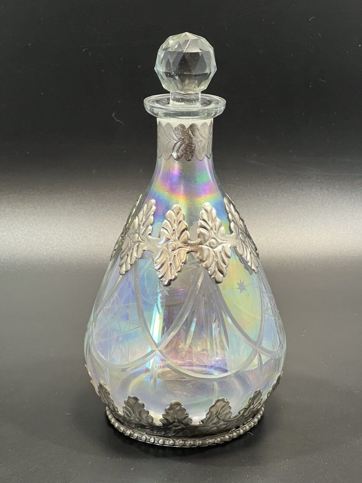 Vintage Ornate Silver Overlay Art Nouveau Deco Etched Clear Glass Decanter 10" T