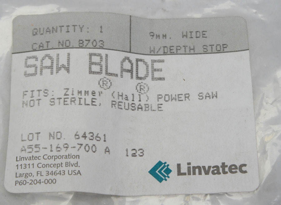Linvatec 9mm Oscillating Saw Blade 8703 w/ 12mm Depth Stop for Zimmer Hall