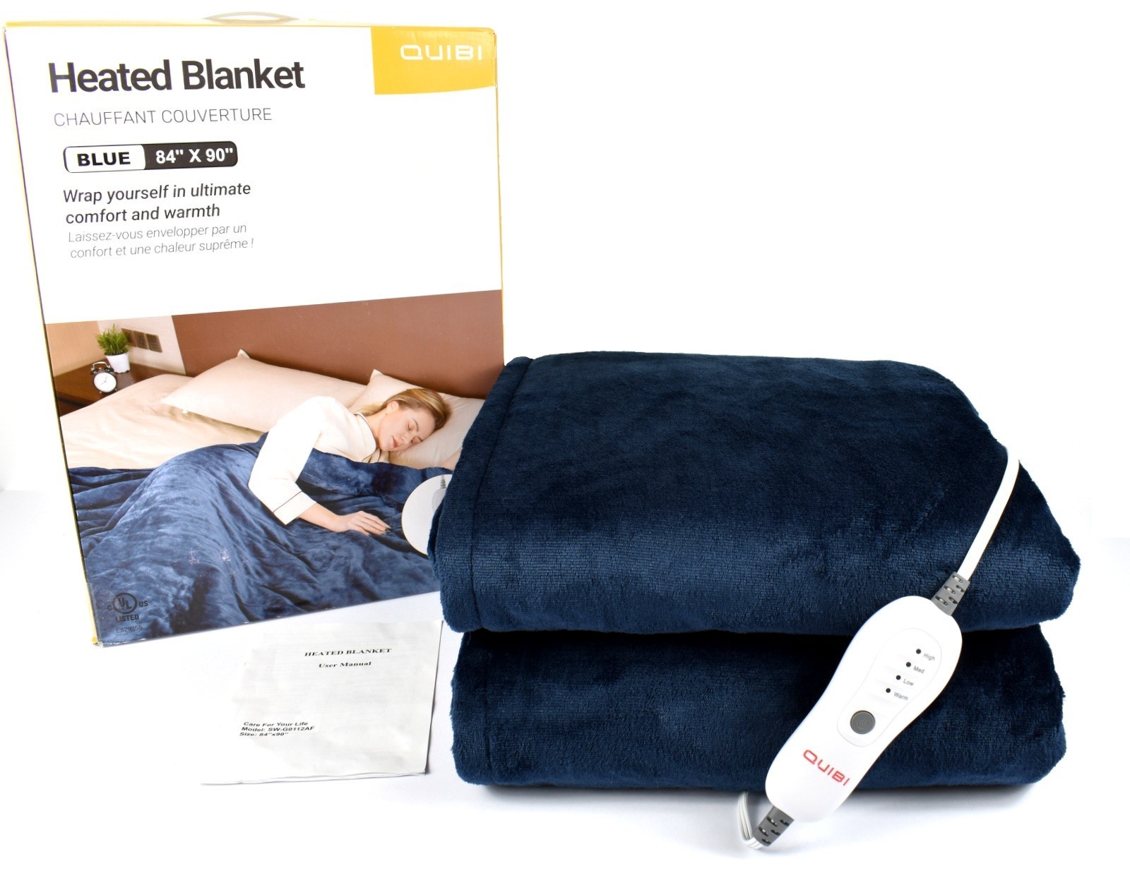 QUIBI Soft Flannel 4 Heat Levels Electric Heated Blanket Sz Queen (84x90") Navy
