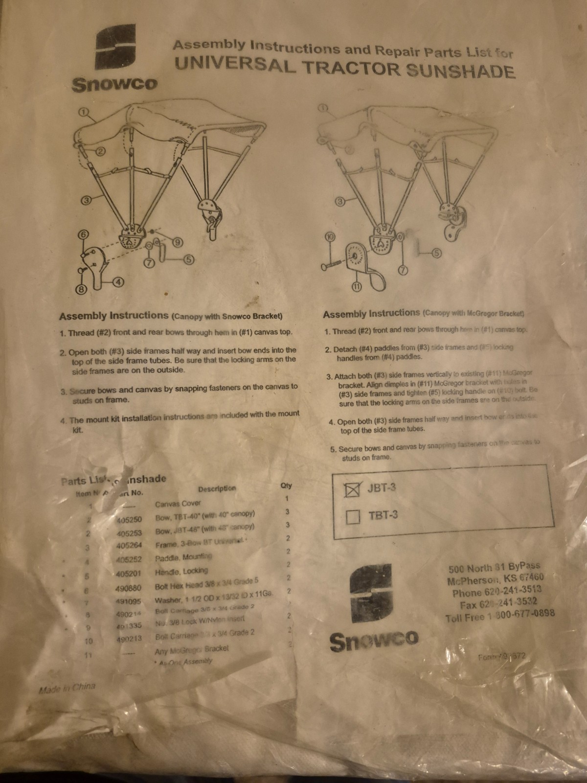 Snowco Universal Tractor Sunshade 48" Canopy Frame- Specific Pieces Not Included
