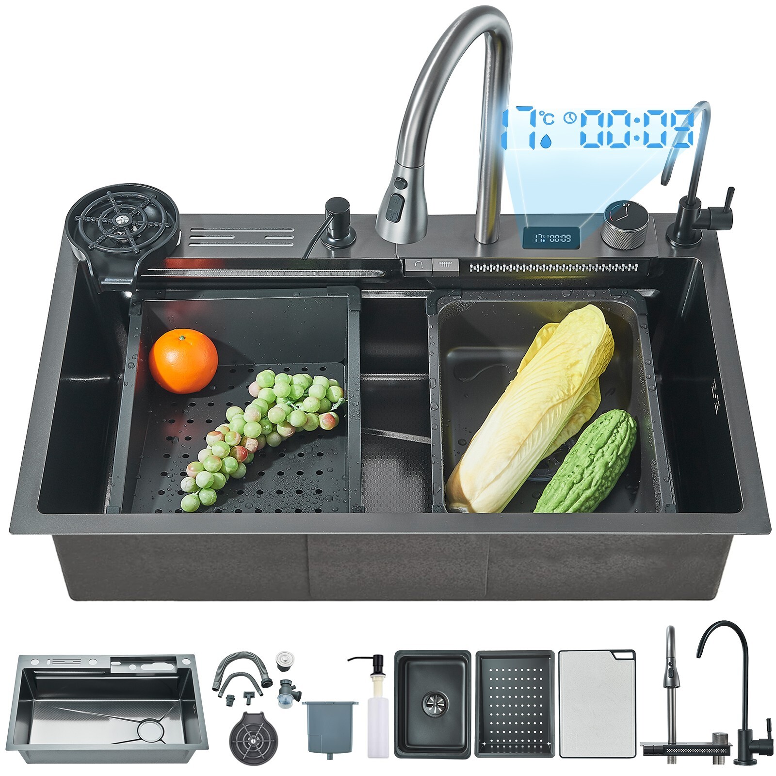 29.5" Flying Rain Stainless Steel Waterfall Kitchen Sink with Faucet Single Bowl