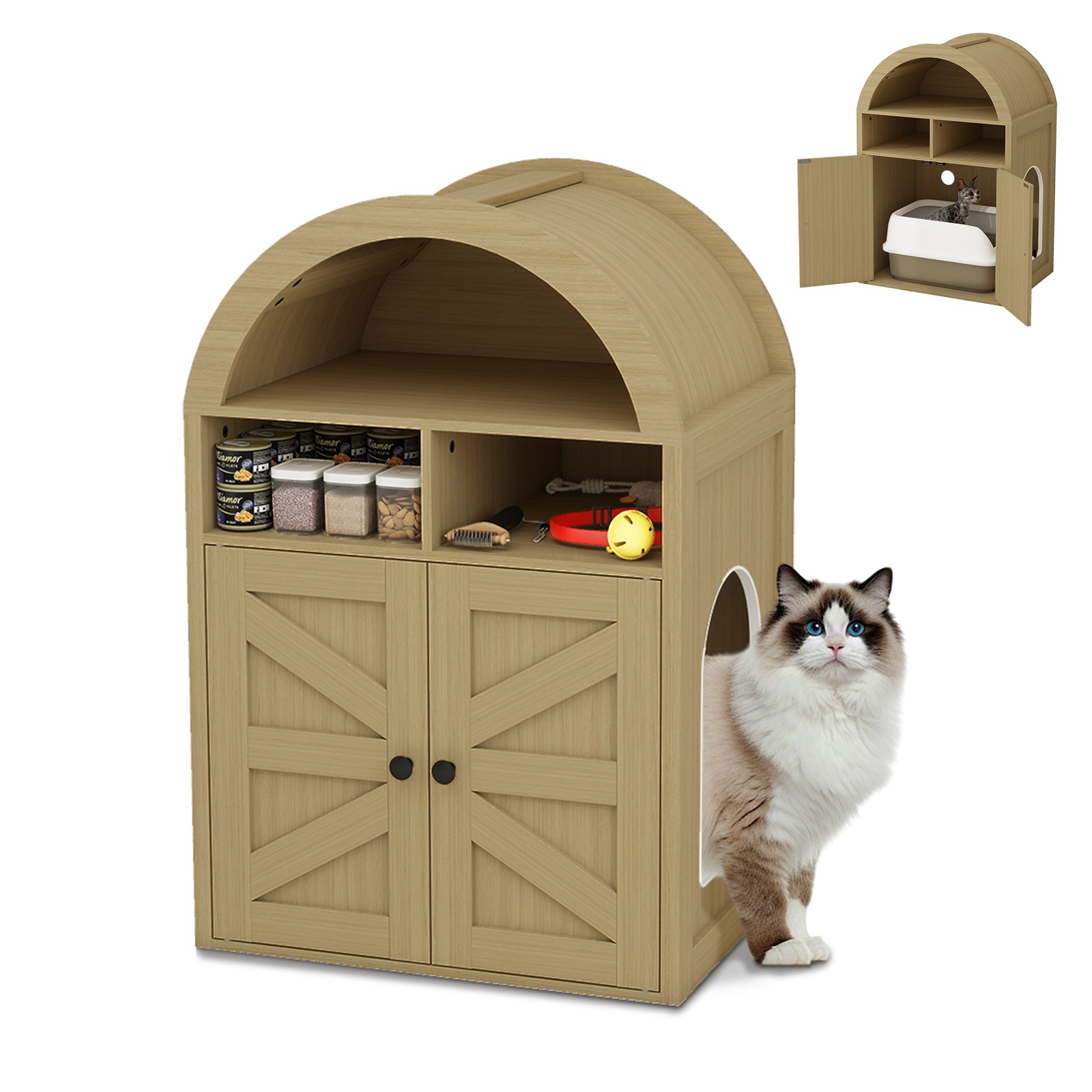 Arched Cat Litter Box Enclosure Furniture with Storage - Pet Supplies Organizer