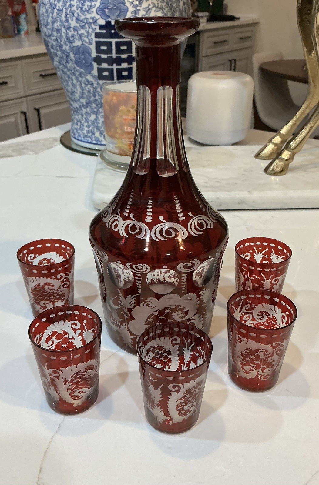 6PC  EGERMANN CUT TO CLEAR RUBY WHISKEY DECANTER SET NO STOPPER- PRISTINE