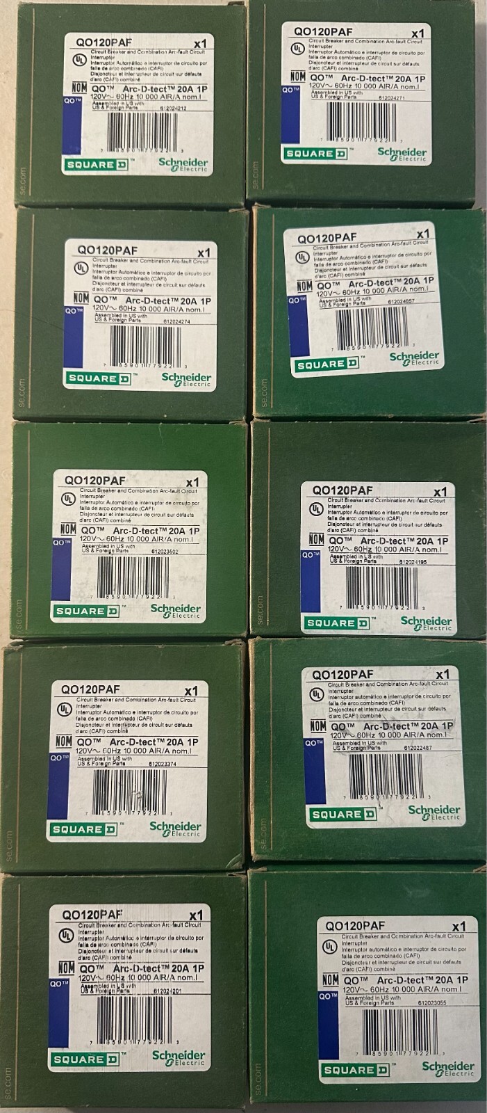 10 PCS QO120PAF SQUARE D QO 1P 20A ARC-FAULT PLUG-ON NUETRAL CIRCUIT BREAKERS