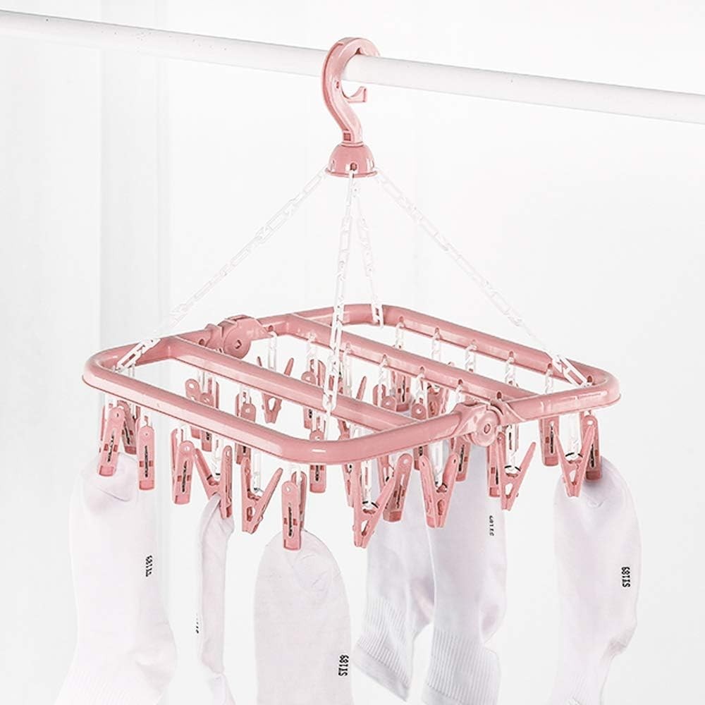32-Clip Light Pink Clothes Drying Rack - Adjustable Hooks & Collapsible Design