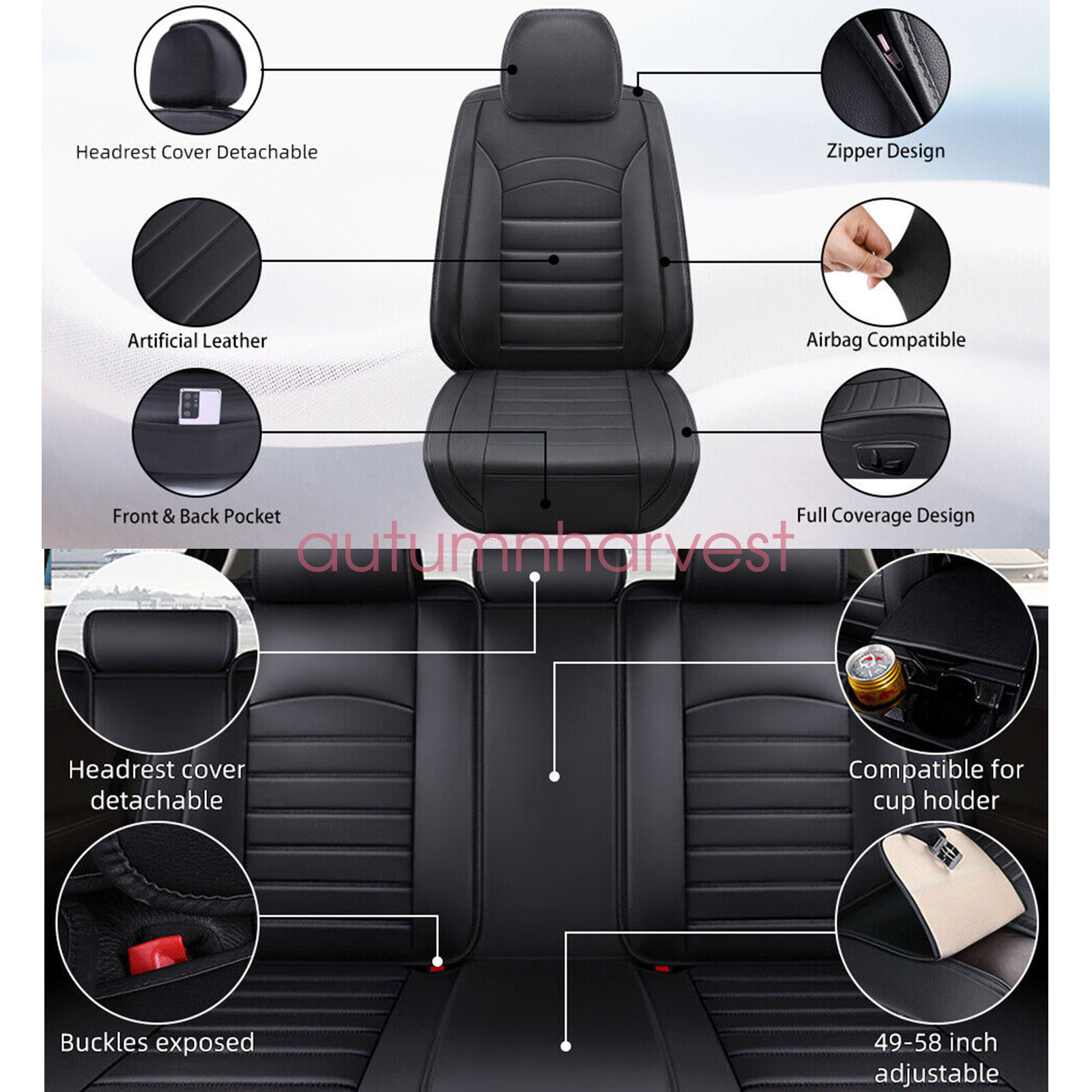 For Toyota Car Seat Cover Full Set Leather 5-Seats Front Rear Protector Cushion