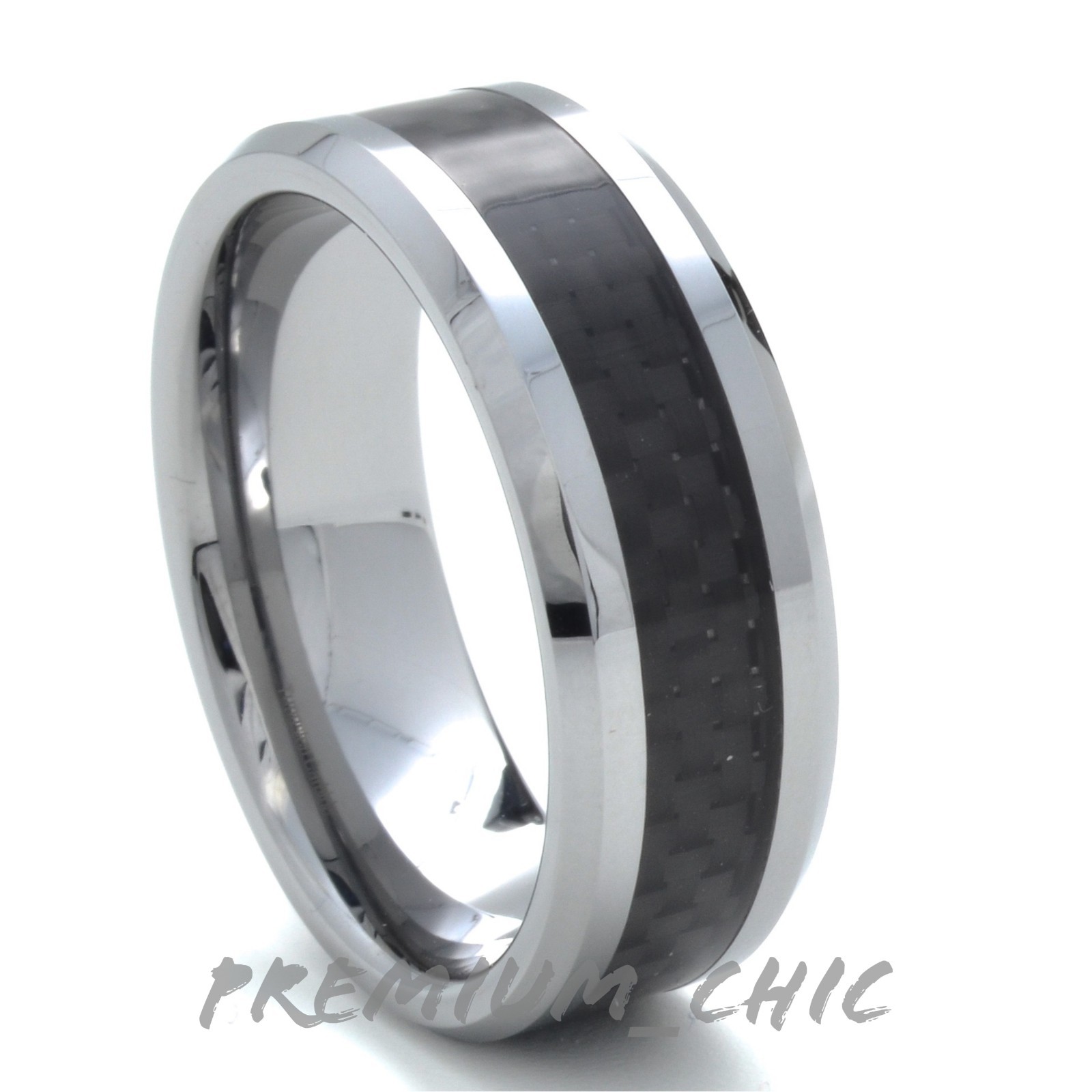 Tungsten Carbide Wedding Band Men's Engagement Ring Black Carbon Fiber Silver