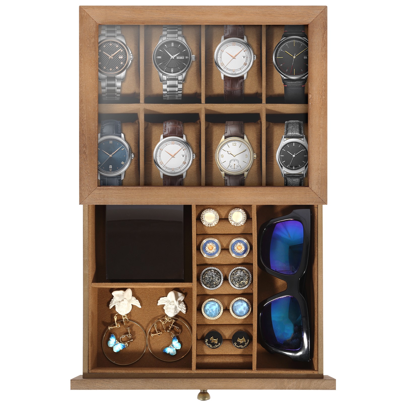 8-10-12 Slot Watch Box Solid Wood Watch Display Case with Glass Lid Watch Holder
