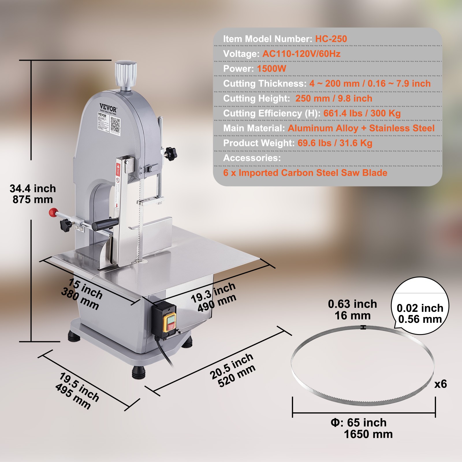 VEVOR 1500W Commercial Electric Meat Bandsaw Stainless Steel Bone Sawing Machine