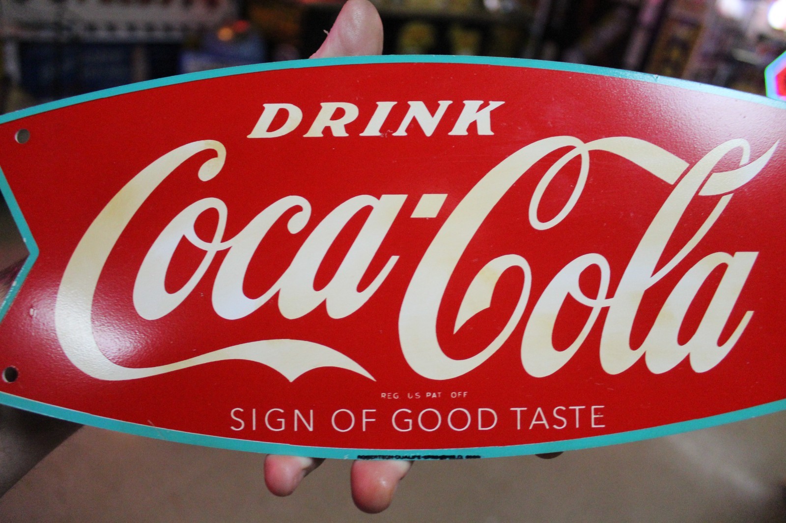 RARE 1950s DRINK COCA COLA TEAL BORDER FISHTAIL PAINTED METAL DEALER SIGN SODA