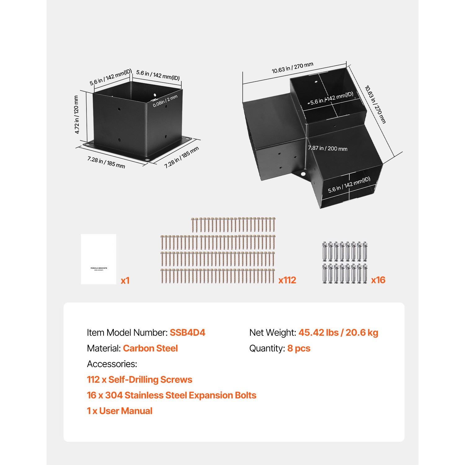 6x6 Inch Pergola Bracket Kit Inner 5.5x5.5 3-Way Brackets 4 Pcs with 4 Bases