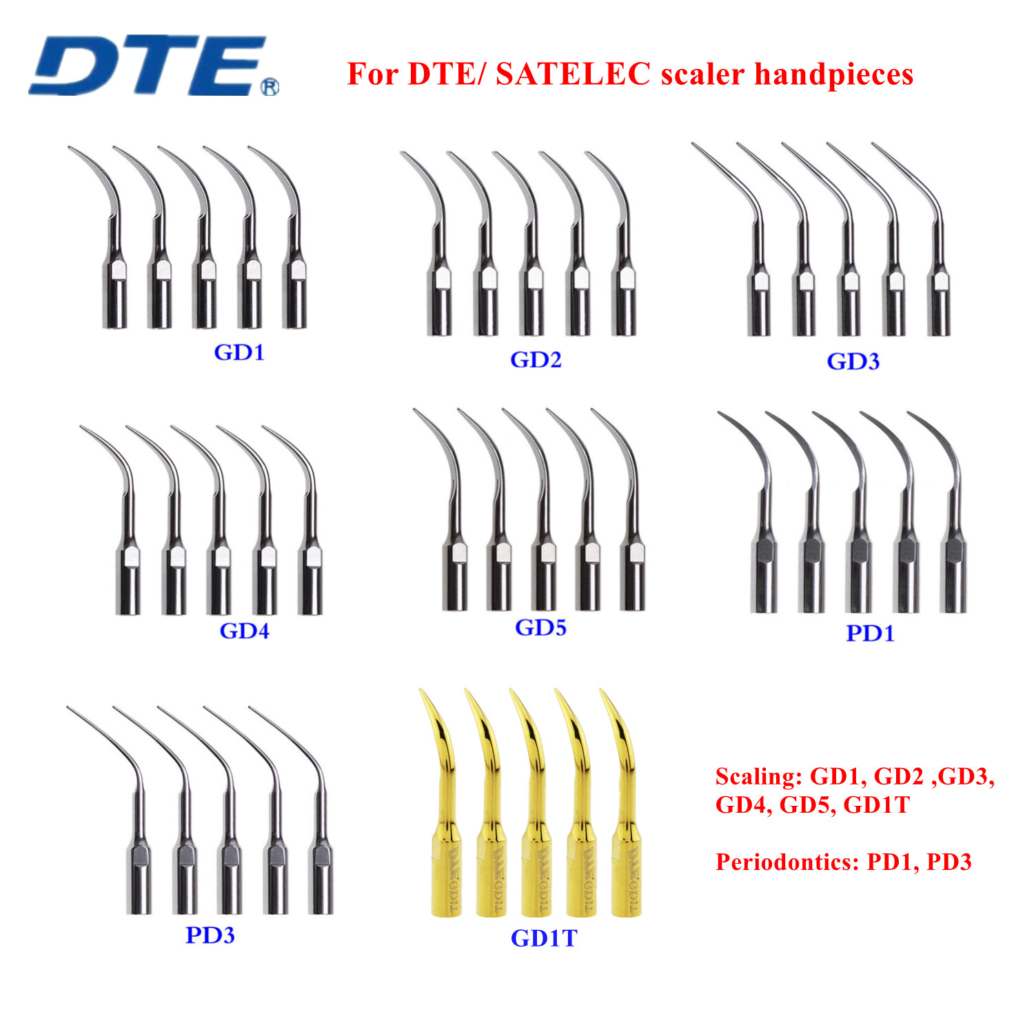 Woodpecker Dental Ultrasonic Piezo Scaler Tips for DTE SATELEC Handpiece, 5pcs