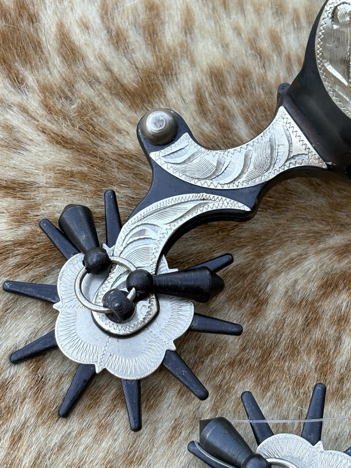 Men’s Size Black Steel Jingle Bob Spurs Engraved Silver PAIR Oversized Rowels