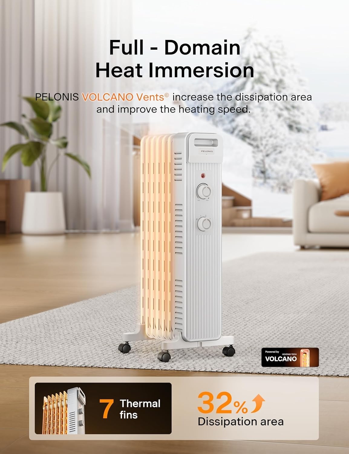 Pelonis PSH007JM1AWW 1500W Oil Filled Radiator Space Heater, White