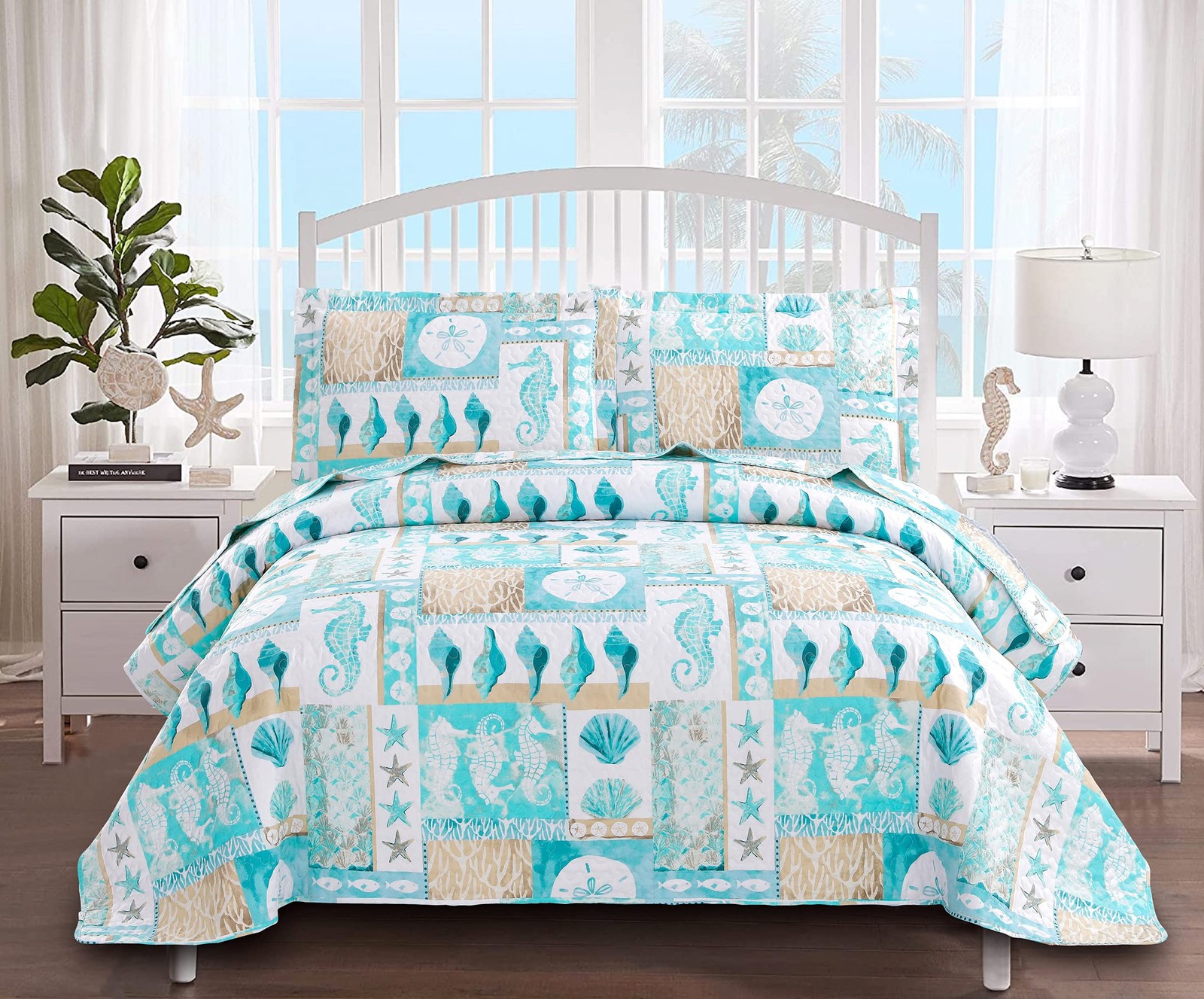 3 Piece Beach Quilt Set King Size Coastal Bedding Set Blue Green Lightweight ...