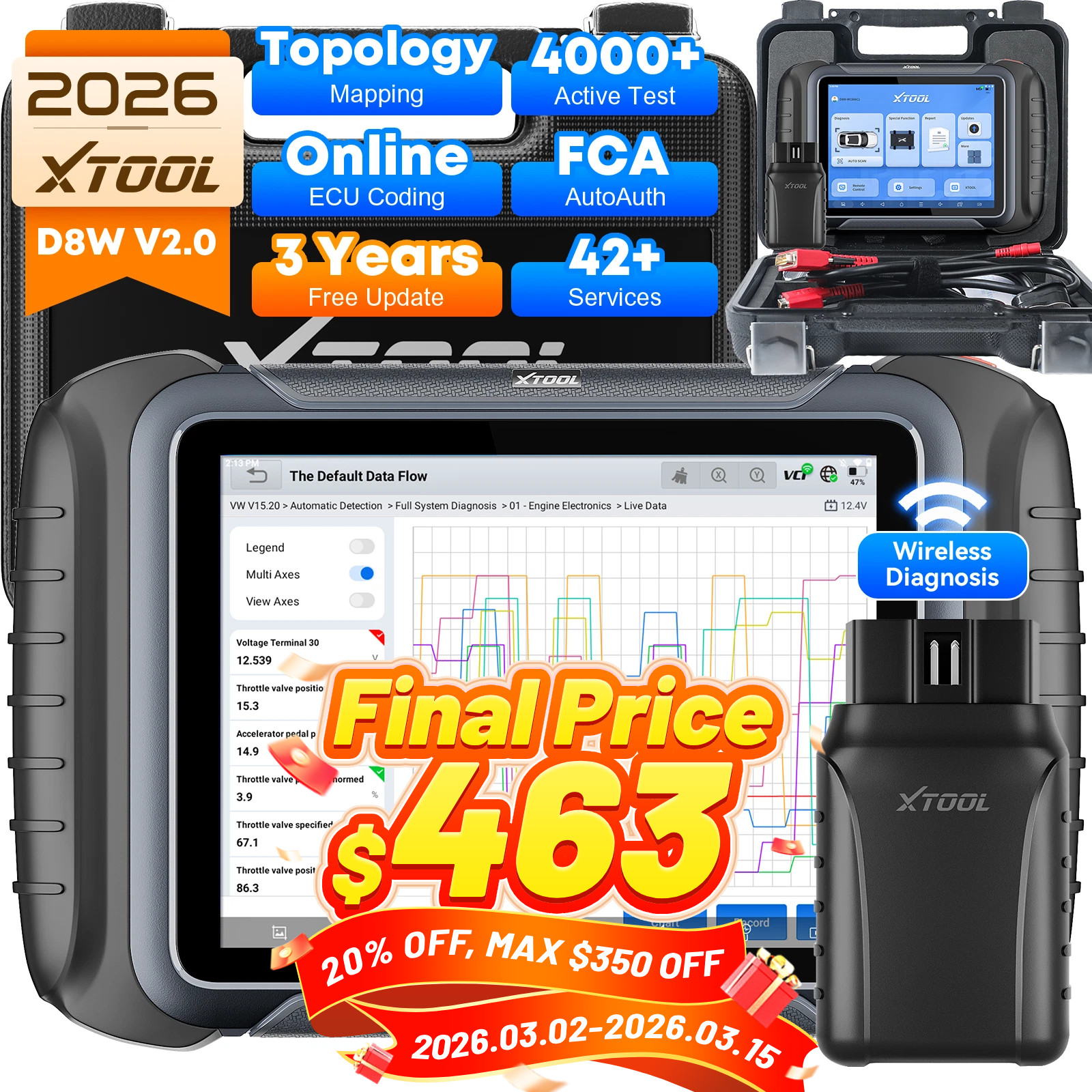 XTOOL D8W V2.0 All System Diagnostic OBD2 Scanner 42+ Services Topology Mapping